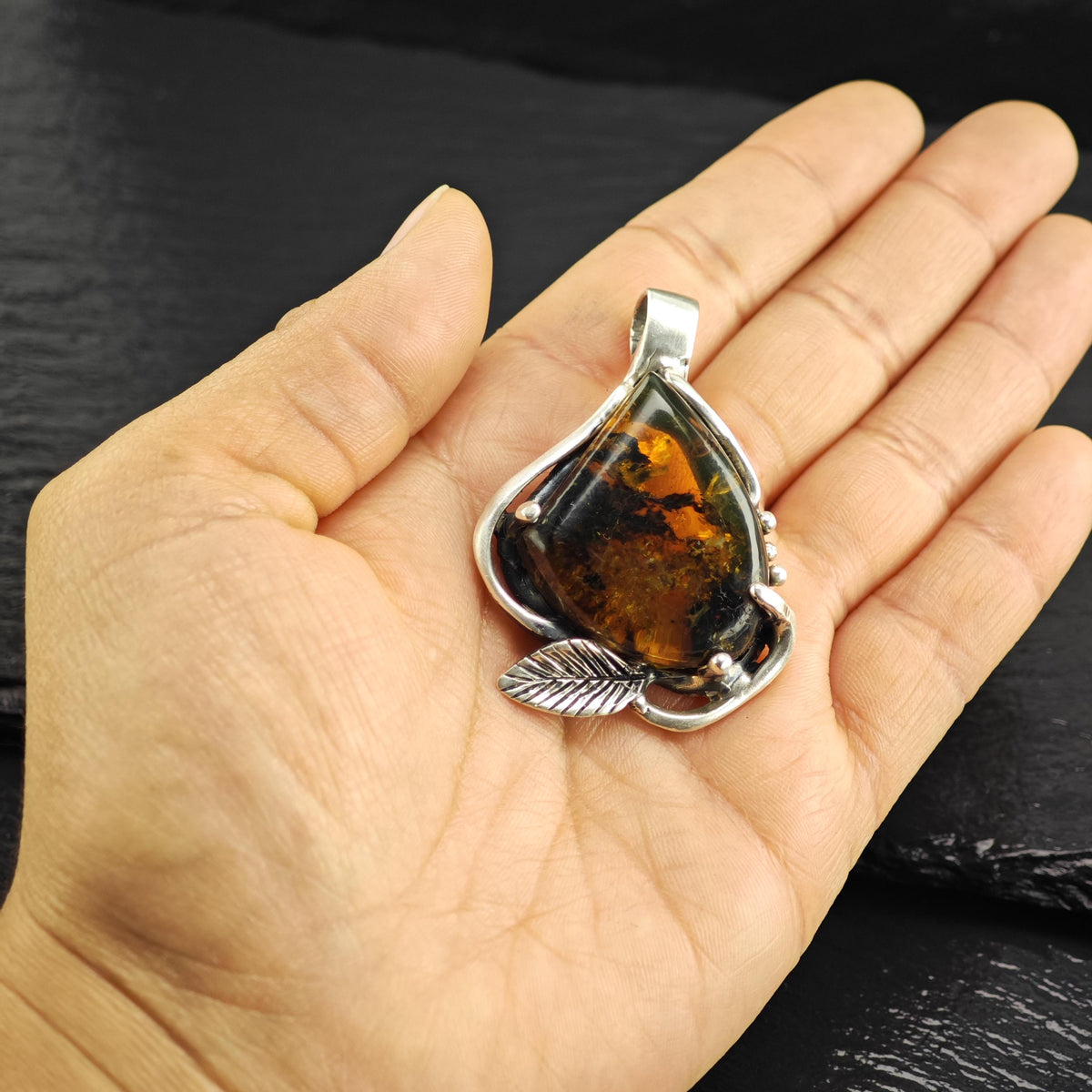 Amber Leaf Sterling Silver Pendant P3129