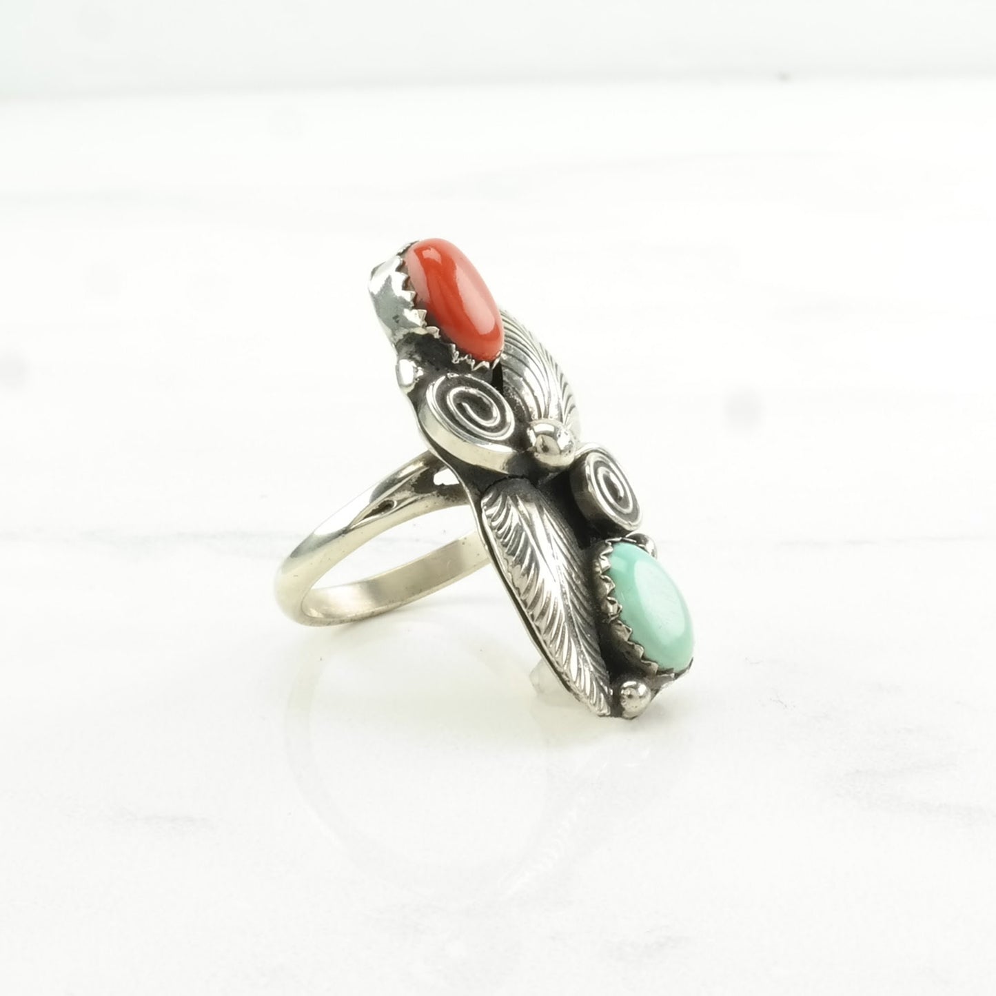 Native American Silver Ring Turquoise, Coral Leaf Sterling Green, Red Size 5 3/4