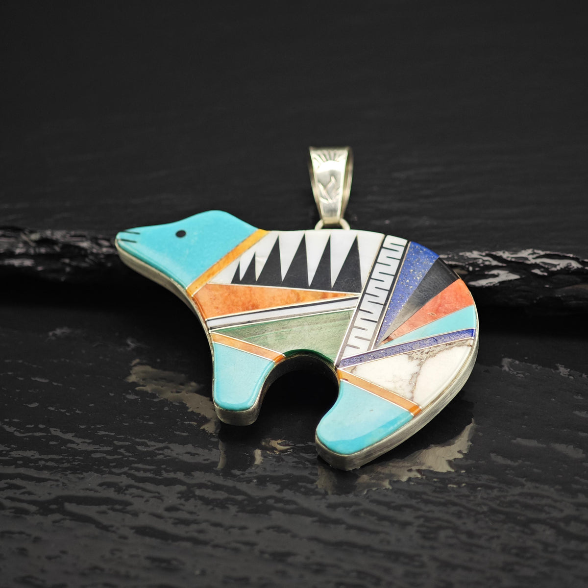 SW Multi-stone Inlay Bear Sterling Silver Pendant P3096