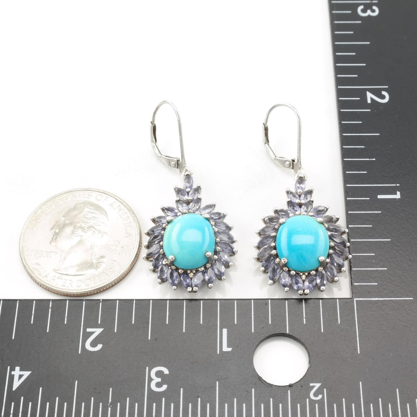 Vintage Sleeping Beauty Turquoise Sterling Silver Lever Back Earrings with Tanzanite