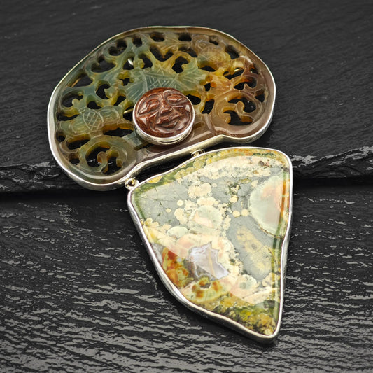 Vintage AKR Sterling Silver Brooch Pendant Carved Multi-color Averturine, Jasper