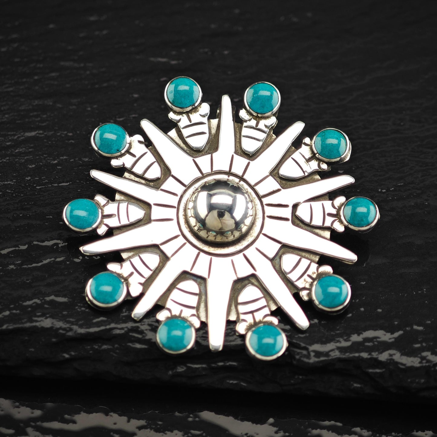 Cluster Blue Block Turquoise Brooch Pendant Spratling Style Sterling Silver