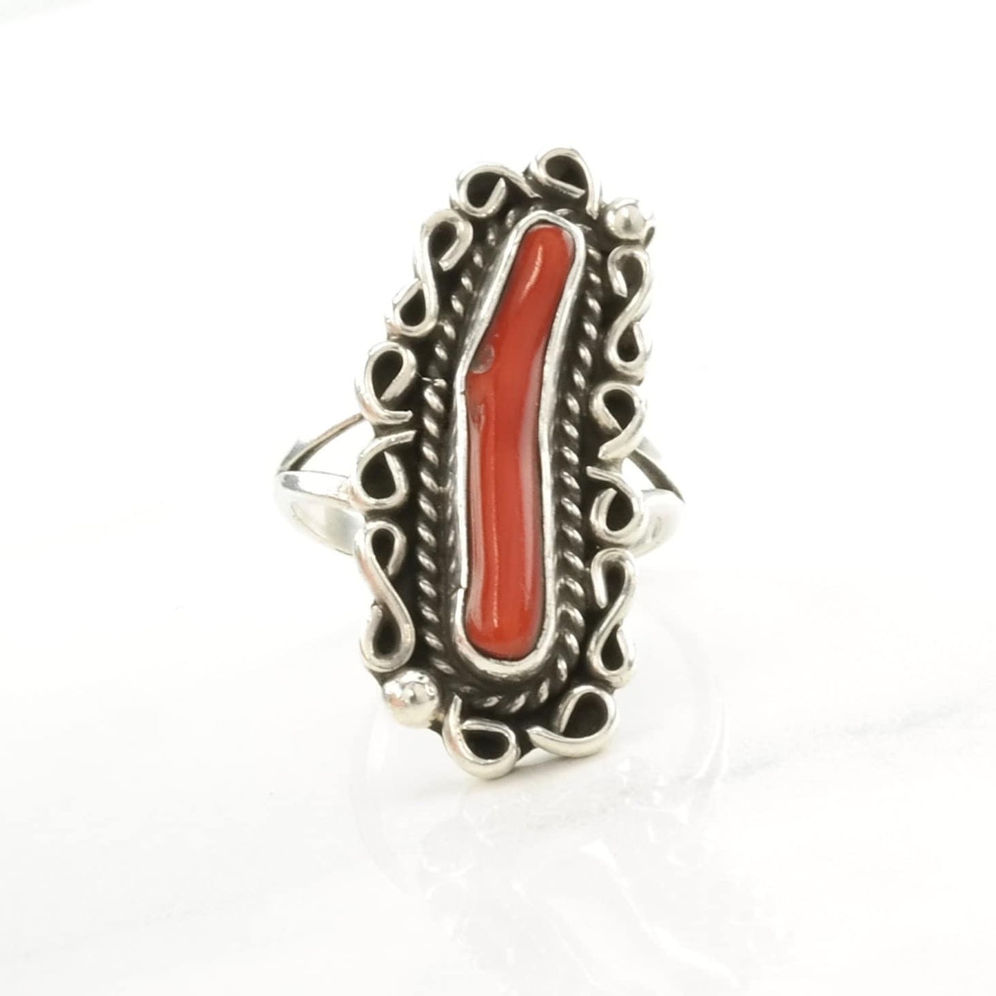 Native American Silver Ring Coral Navette Sterling Red Size 7 3/4