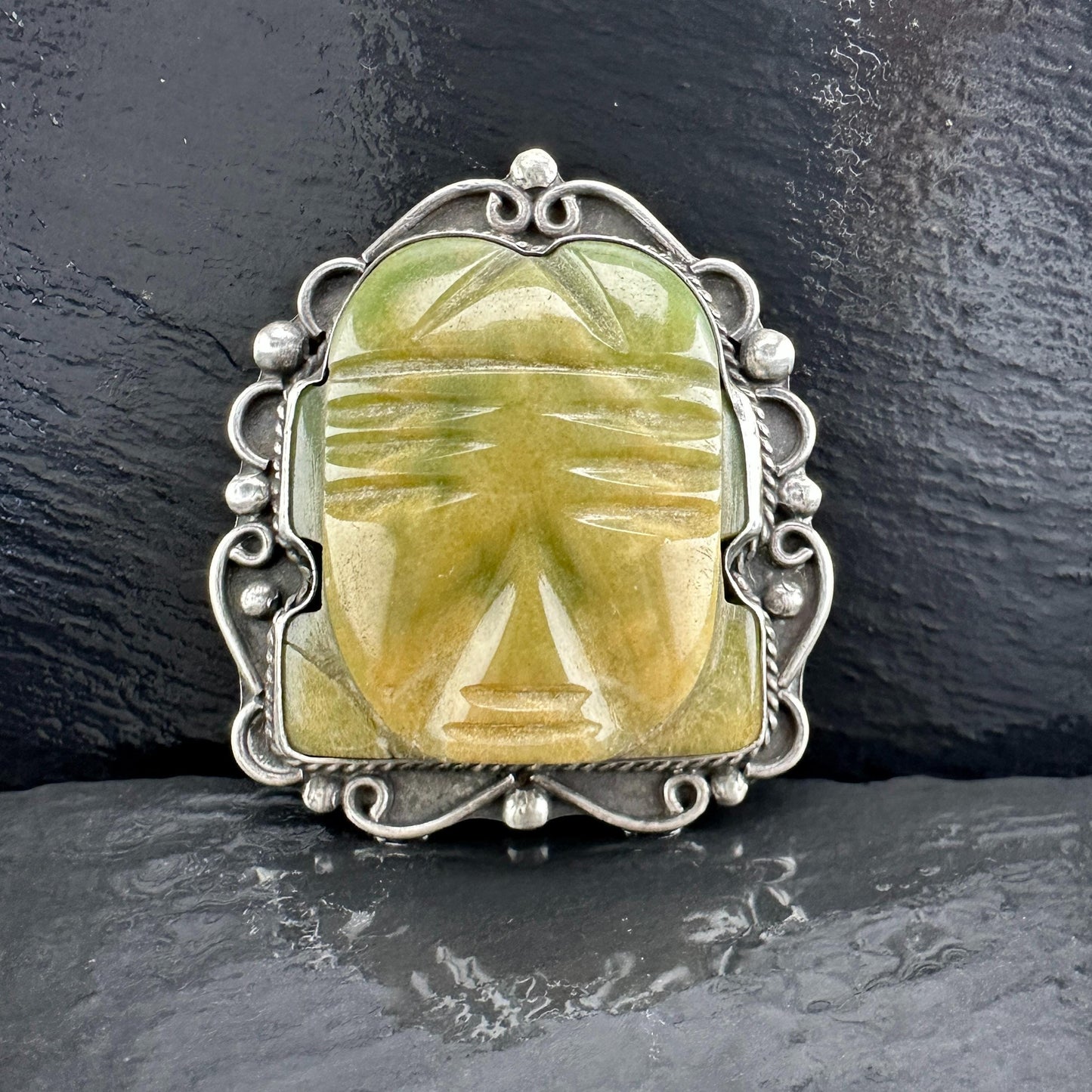 Vintage Green Tribal Mask Brooch Carved Jade Onyx in Sterling Silver