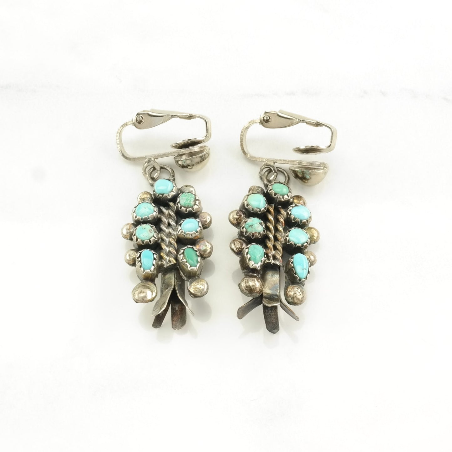 Zuni, Native American Turquoise, Cluster Squash Blossom Sterling Silver Clip On Earrings Blue