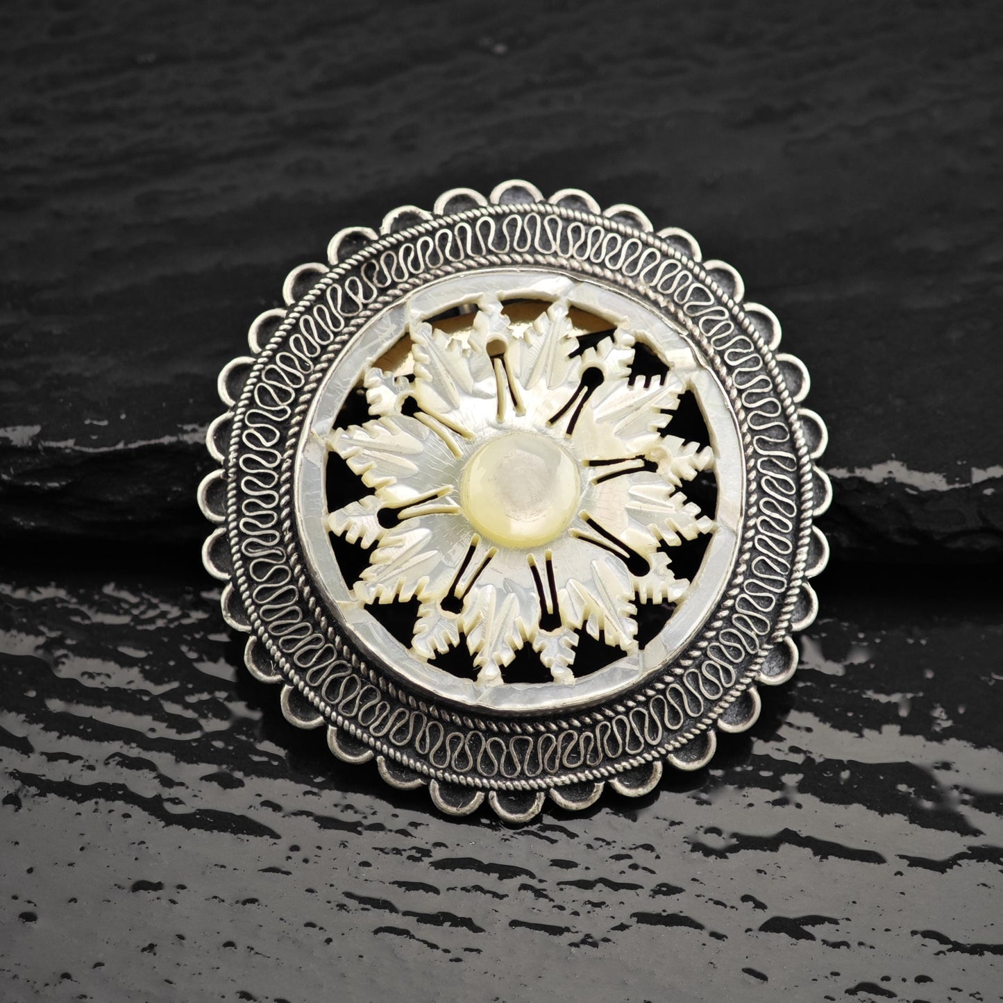 Jerusalem Snowflake, Carved MOP Brooch Pendant Sterling Silver
