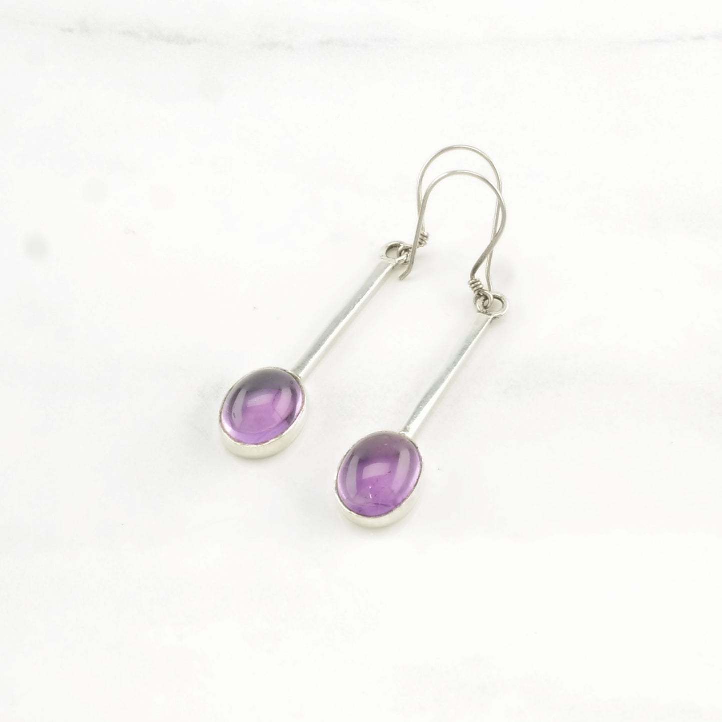 Vintage Sterling Silver Fish hook, dangle Earrings Purple Amethyst Modernist