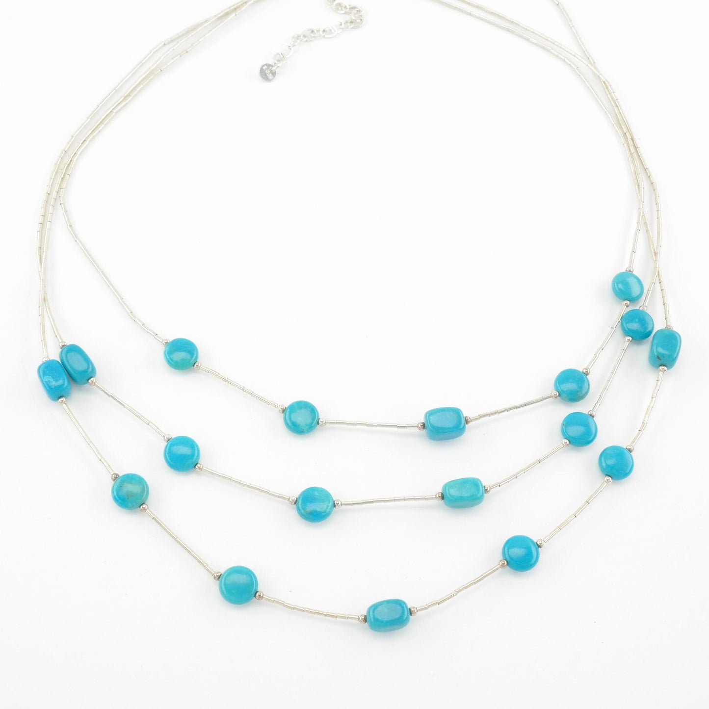 Southwest Sterling Silver Blue Turquoise 3 Strand, Liquid Silver Necklace