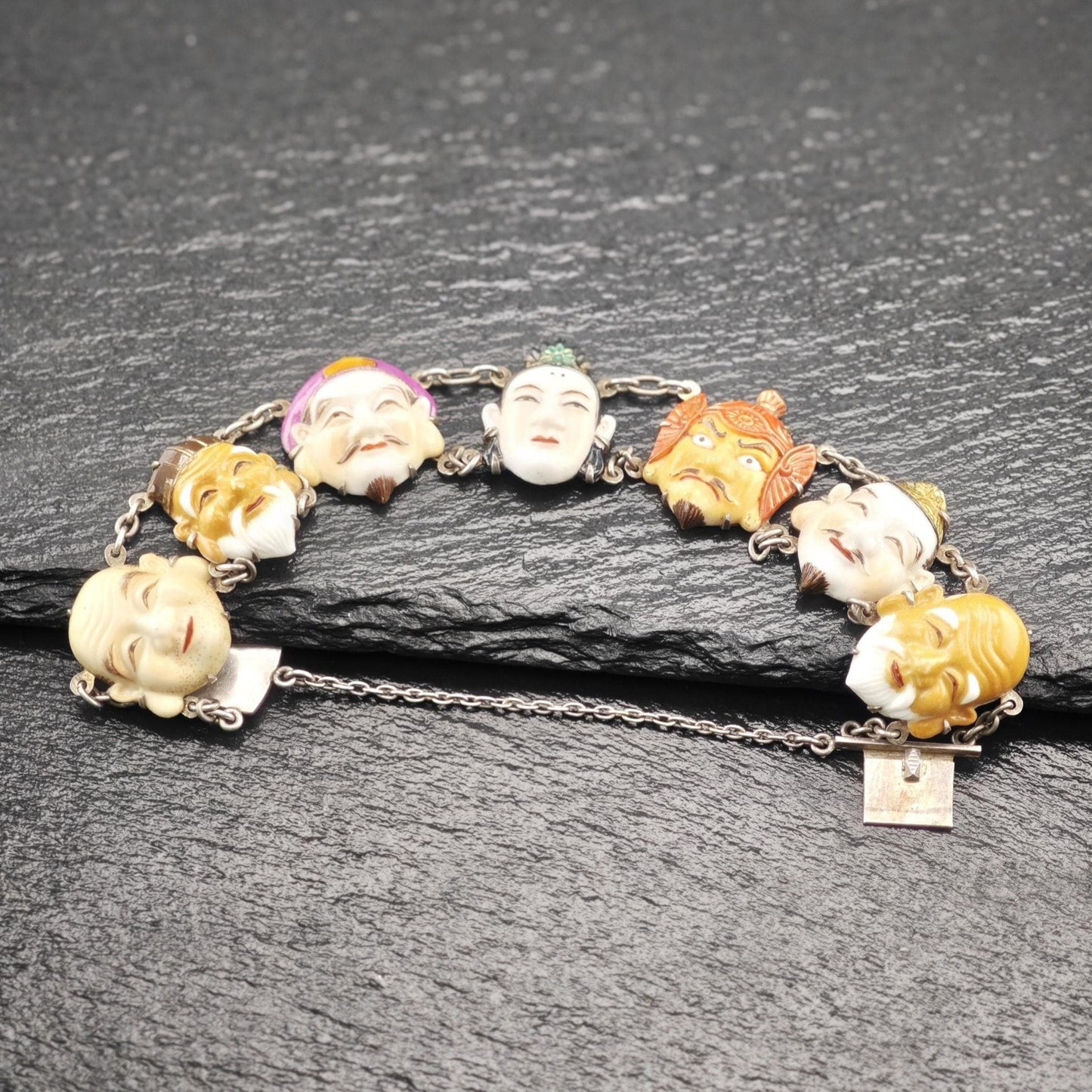 Pristine Japanese Toshikane, 7 Gods of Fortune Bracelet, Porcelain Sterling Silver