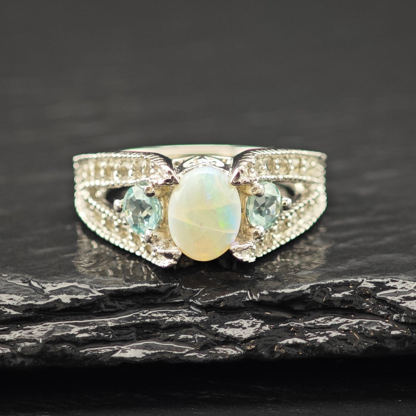 Opal Silver Statement Ring with Blue Gems Size 7 R6143