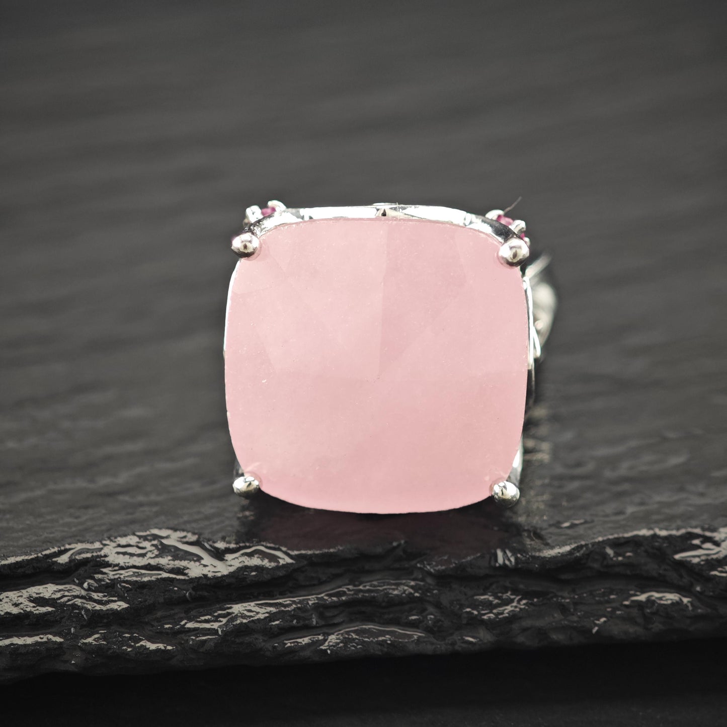 Large Faceted Pink Gemstone, Ruby Accents Ring Sterling Silver Size 8