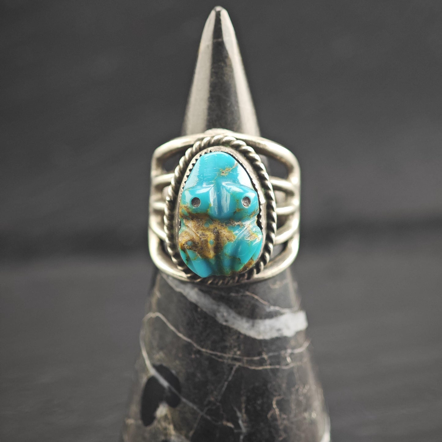 Carved Turquoise Frog Sterling Silver Native American Ring Sz 7 1/2 R6684
