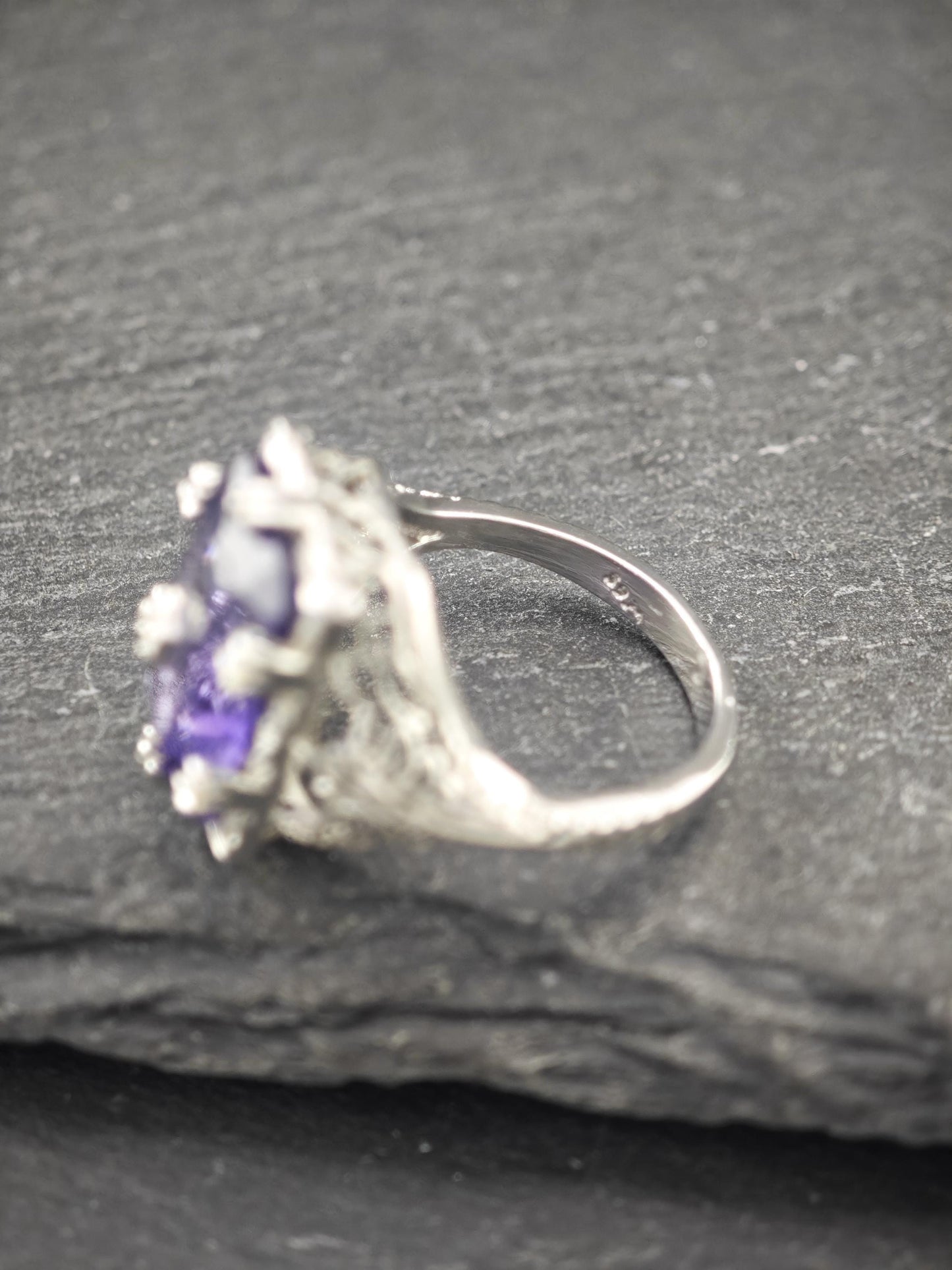 Art Deco Style Amethyst, Diamond Chip Ring Sterling Silver