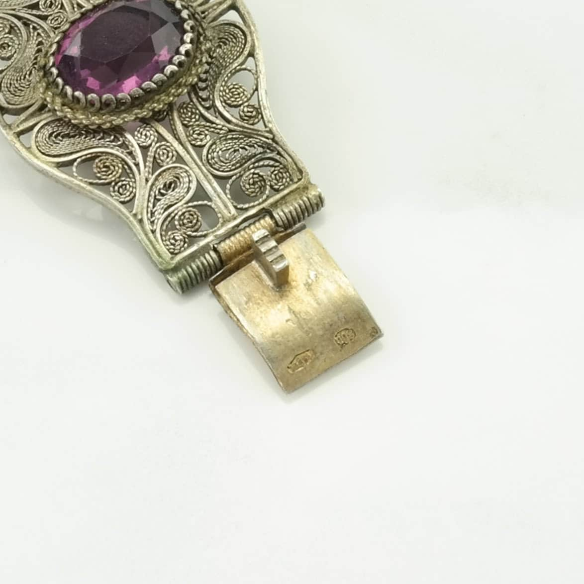 European Sterling Silver Link Bracelet Purple Amethyst Filigree