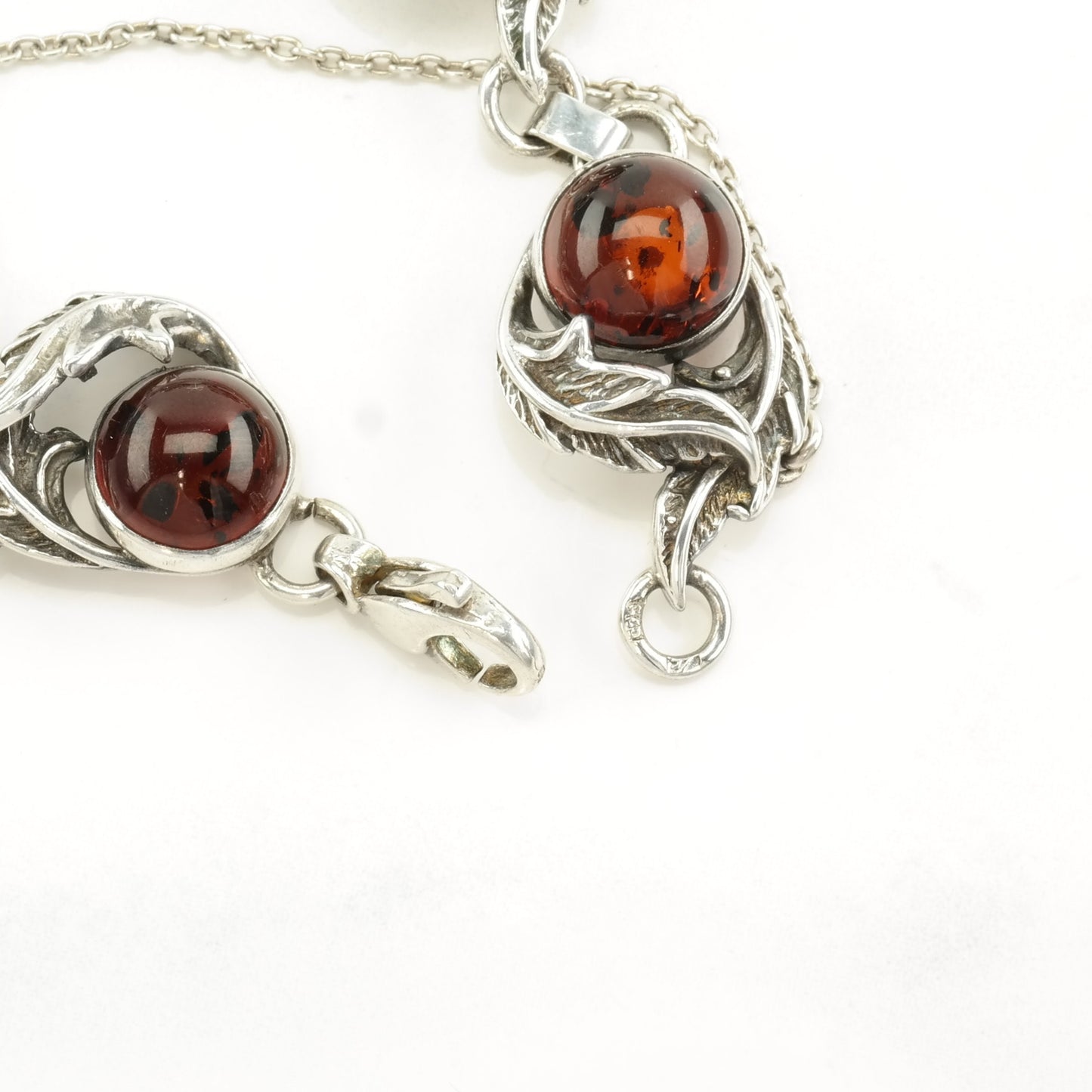 Vintage Art Nouveau Style Sterling Silver Link Bracelet Reddish Orange Amber Floral