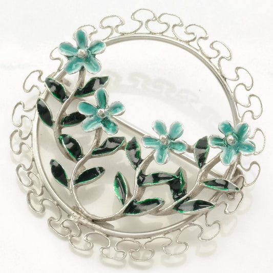 Silver Brooch Flower Wreath Enamel Sterling B1738