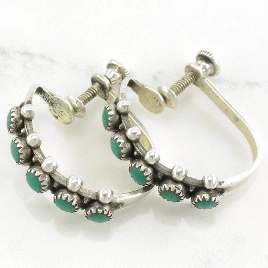 Fred Harvey Era Sterling Silver Block Turquoise Hoop Earrings Screw back