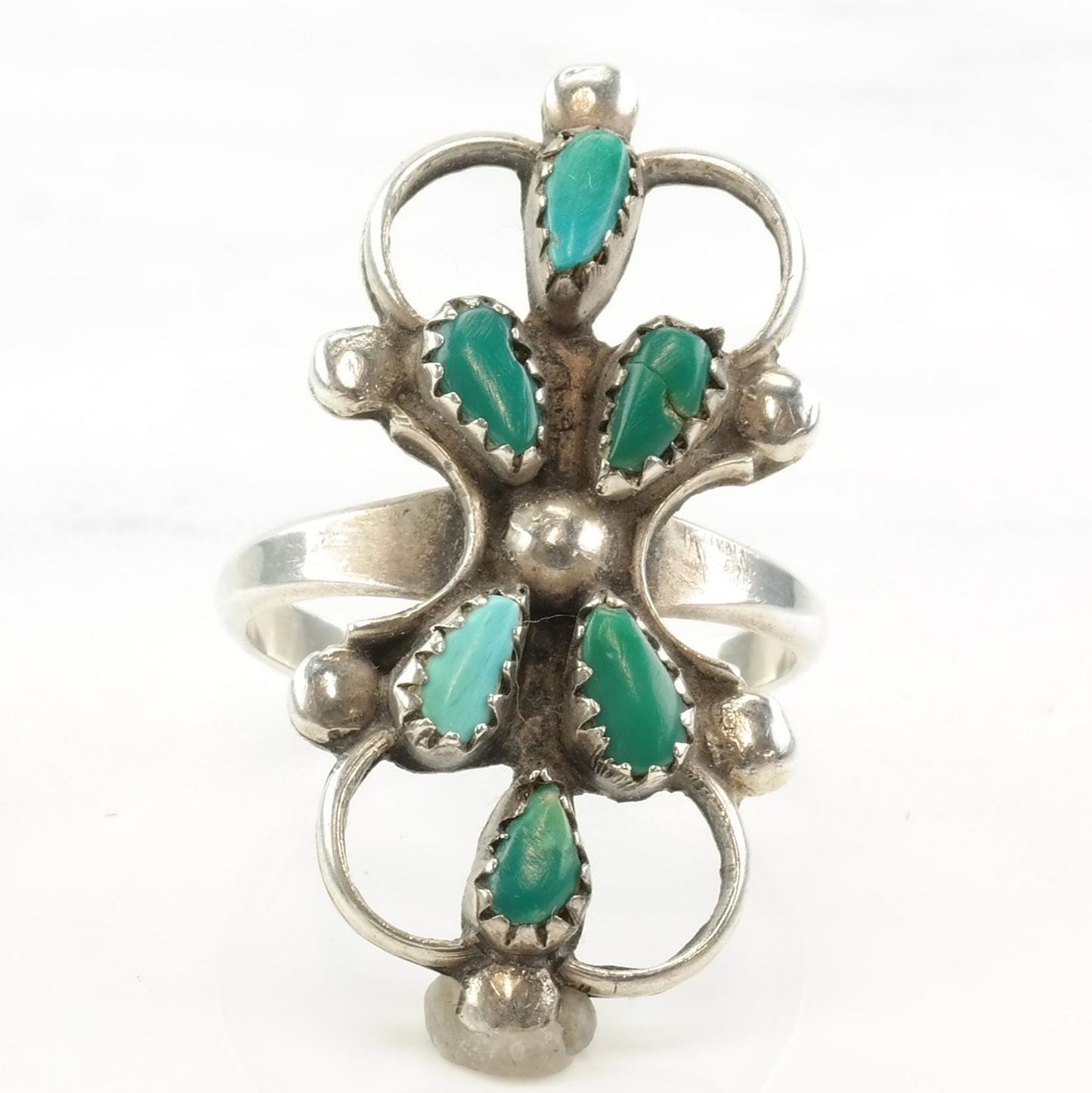 Vintage Native American Silver Ring Turquoise Cluster Zuni Sterling Size 8 1/2