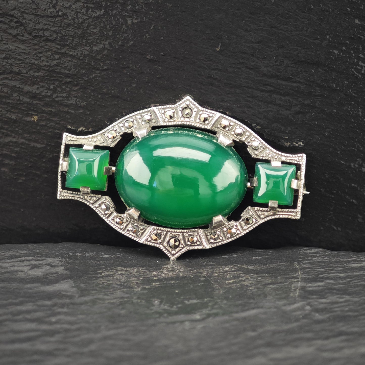 Art Deco Sterling Silver Brooch Oval Green Onyx, Marcasite B2141