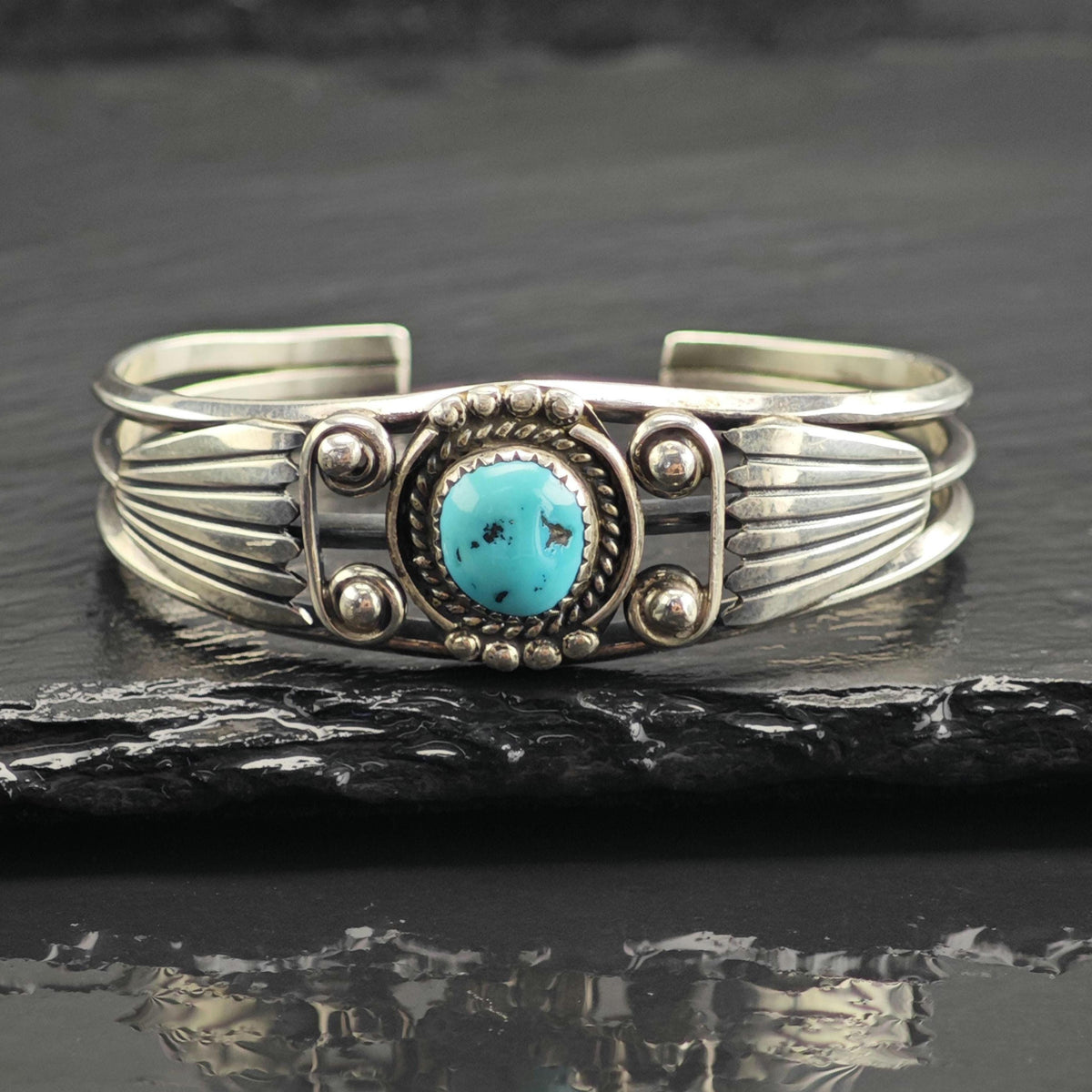 Vintage Navajo, Turquoise Detailed Sterling Silver Cuff Sz 6" BR3132