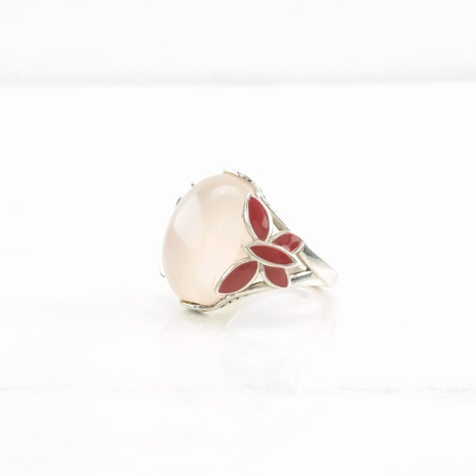 Sterling Silver Ring Rose Quartz Butterfly, Enamel Pink Size 7