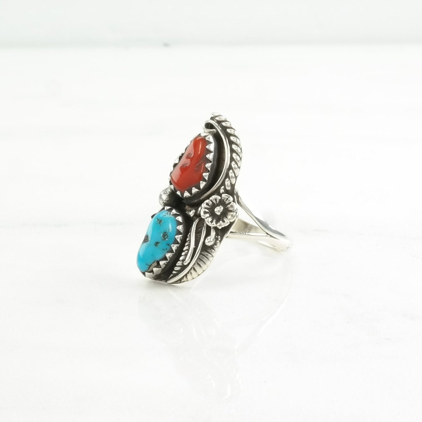 Native American Silver Ring Turquoise, Coral Floral Sterling Blue, Red Size 6 1/4