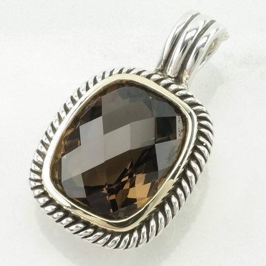 Vintage Smoky Quartz Gold Bezel Sterling Silver Pendant