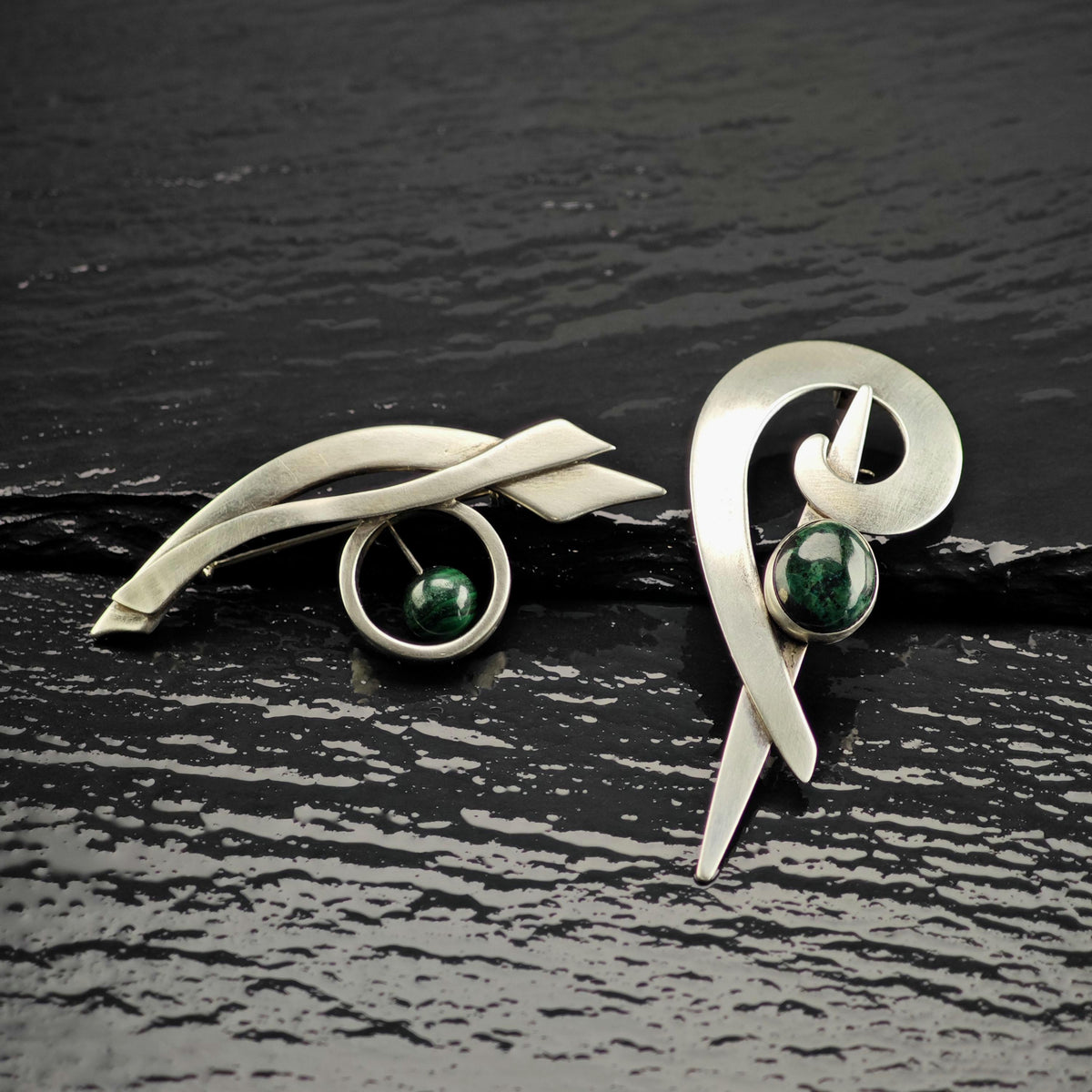 Choice of Modernist Green Chrysocolla Sterling Silver Brooches B2281