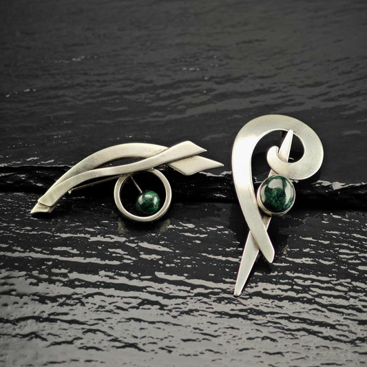 Choice of Modernist Green Chrysocolla Sterling Silver Brooches B2281