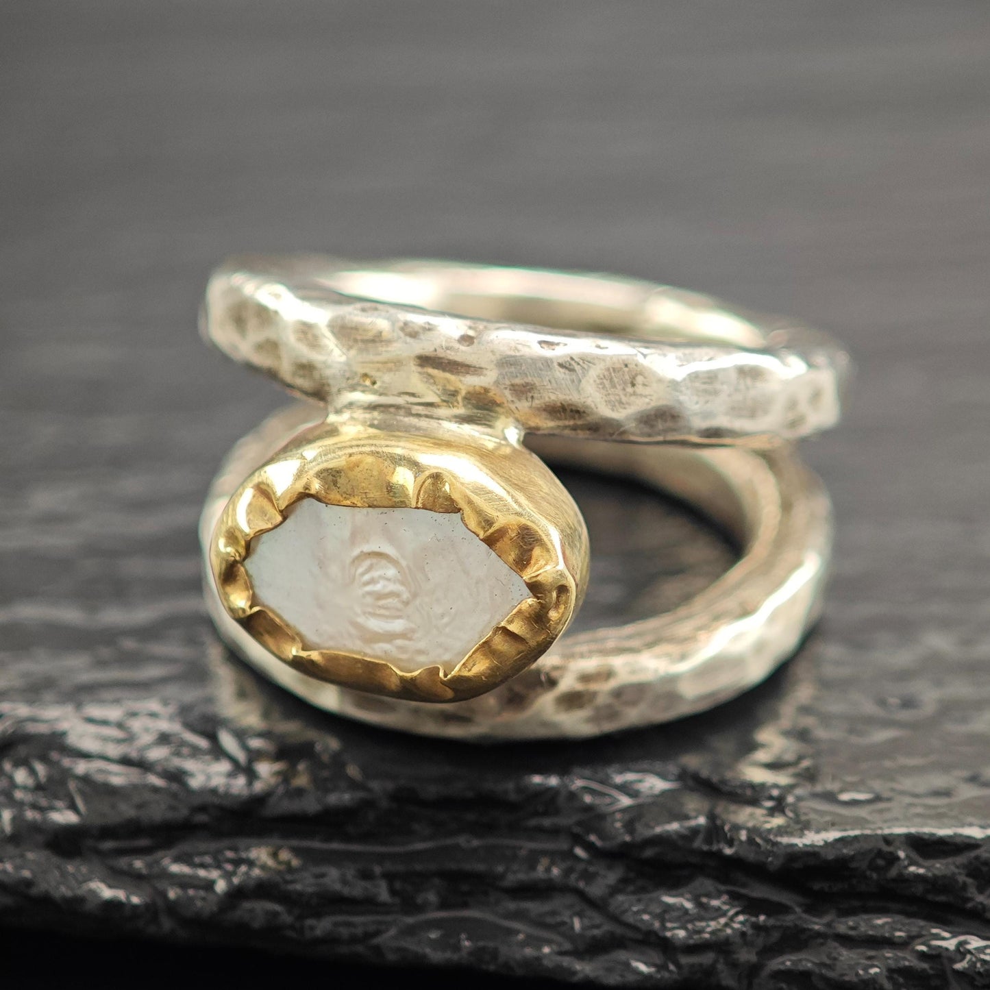 Brutalist Pearl Ring in Sterling Silver 9k Gold Bezel R5808