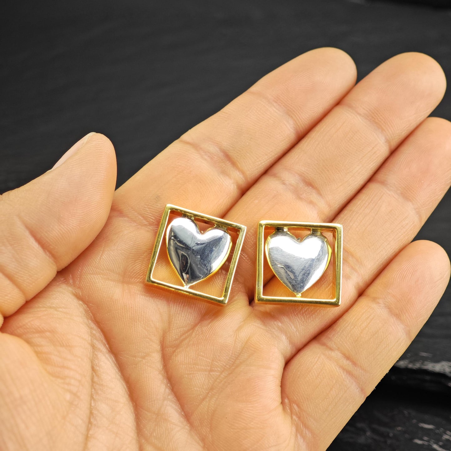 Sergio Bustamante Heart, Gold Tone Frame Stud Sterling Silver Earrings ER3123