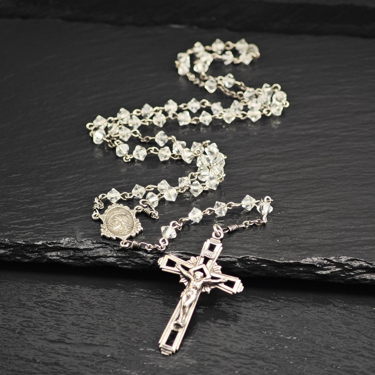 Vintage Clear Beaded Rosary Necklace Sterling Silver N2784