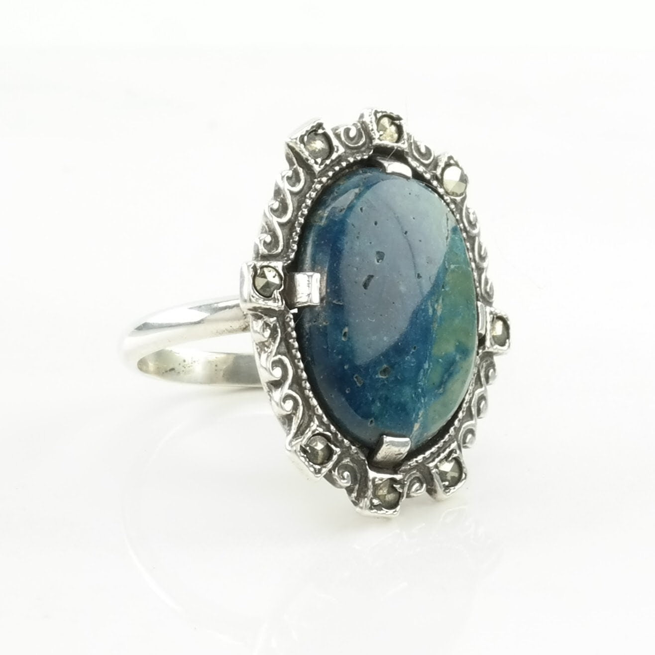 Art Deco Silver Ring Gemstone Marcasite Sterling Blue Size 3 1/2