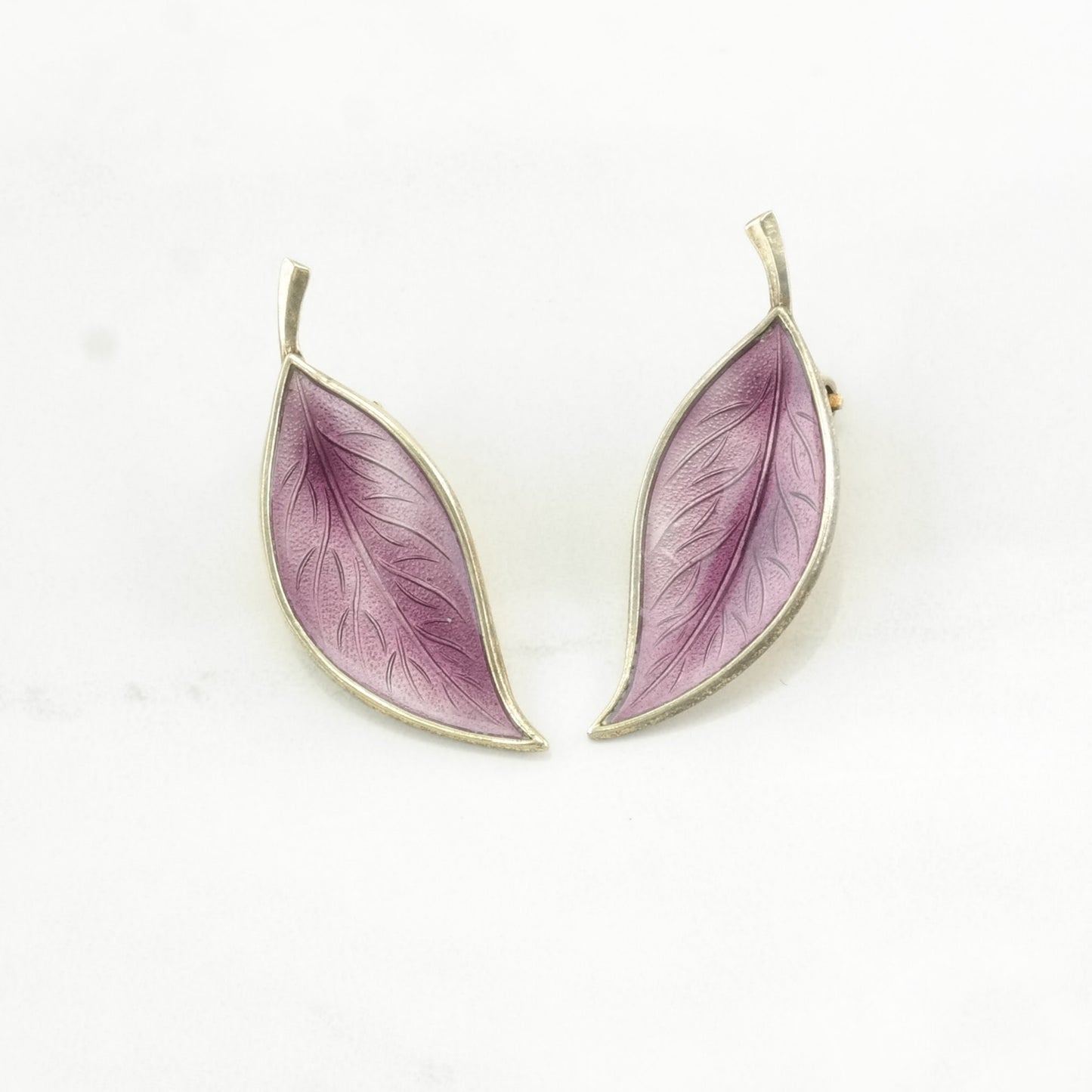 Vintage Sterling Silver Clip On Earrings Denmark Purple Enamel Leaf