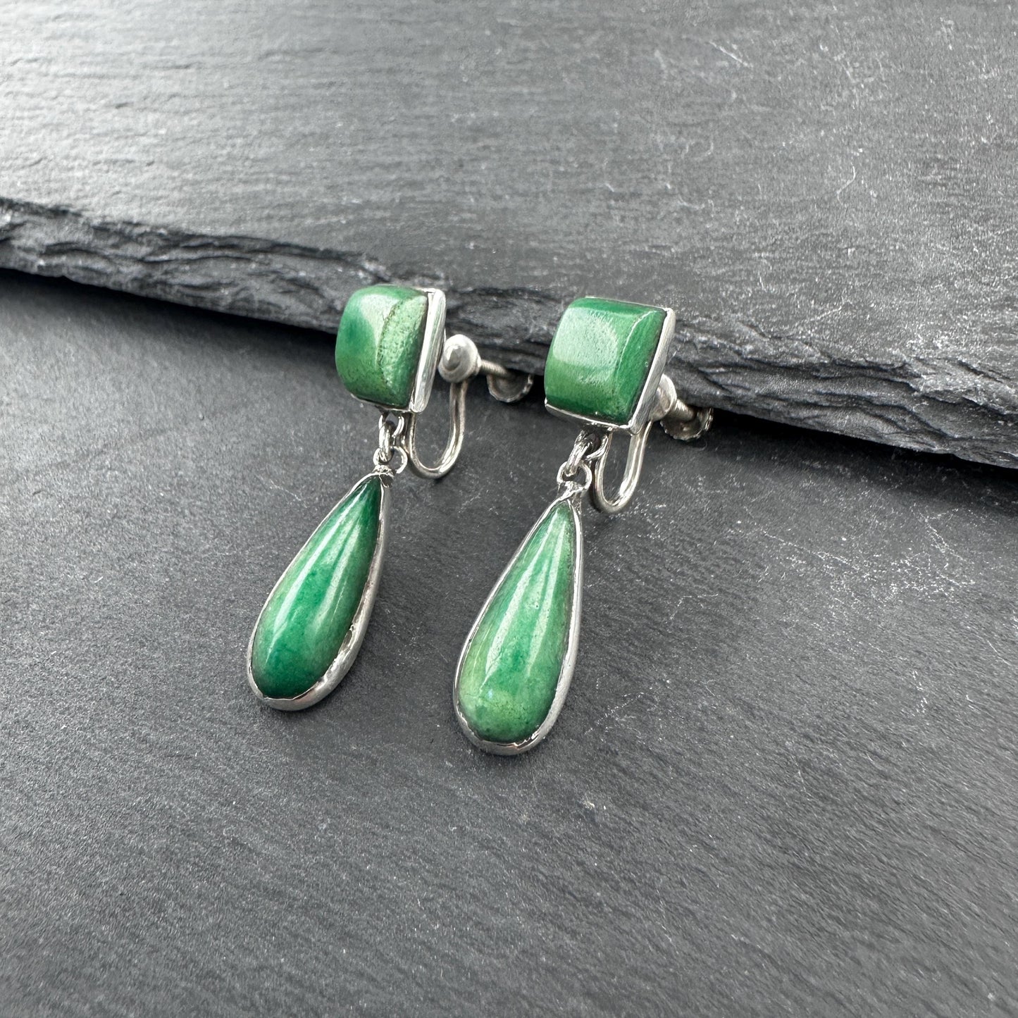 Green Gemstone, Teardrop Screw Back Earrings Sterling Silver
