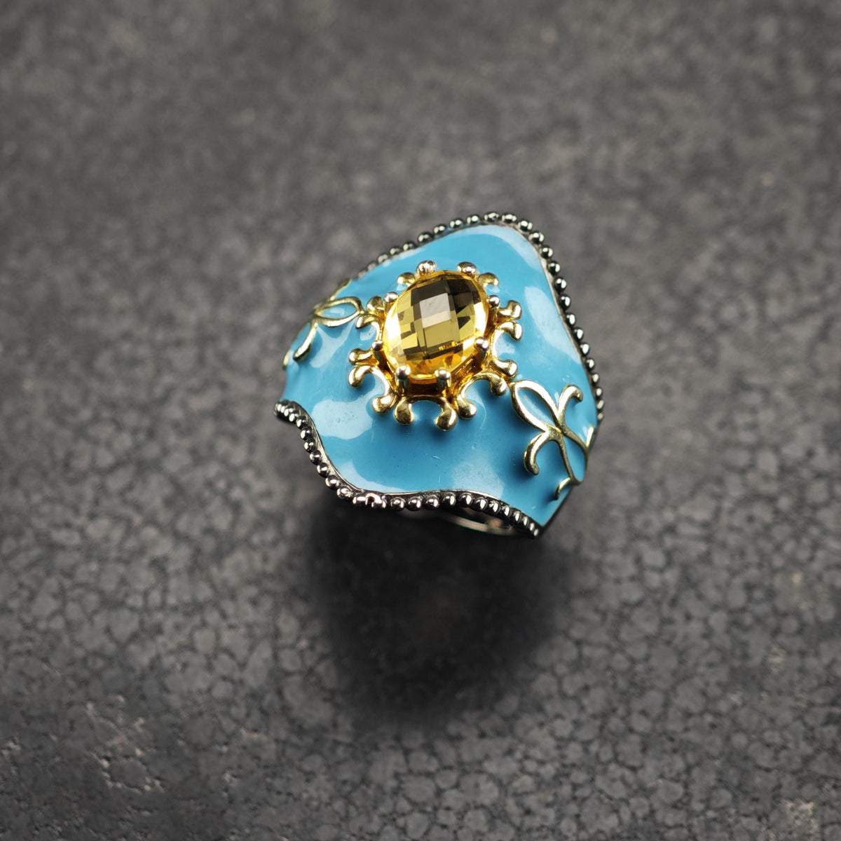 Citrine Blue Enamel Heavy Patina Sterling Silver Ring Sz 6 R6839