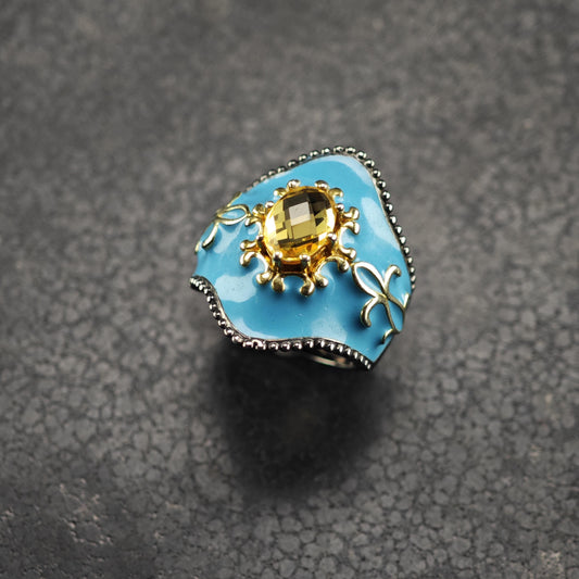 Citrine Blue Enamel Heavy Patina Sterling Silver Ring Sz 6 R6839