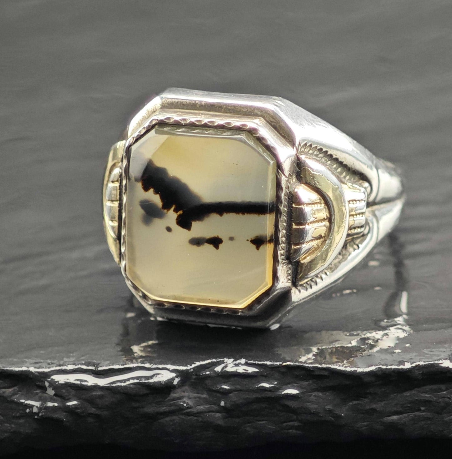 Art Deco Dendritic Moss Agate Signet Sterling Silver Ring Sz 11 1/2 R6719