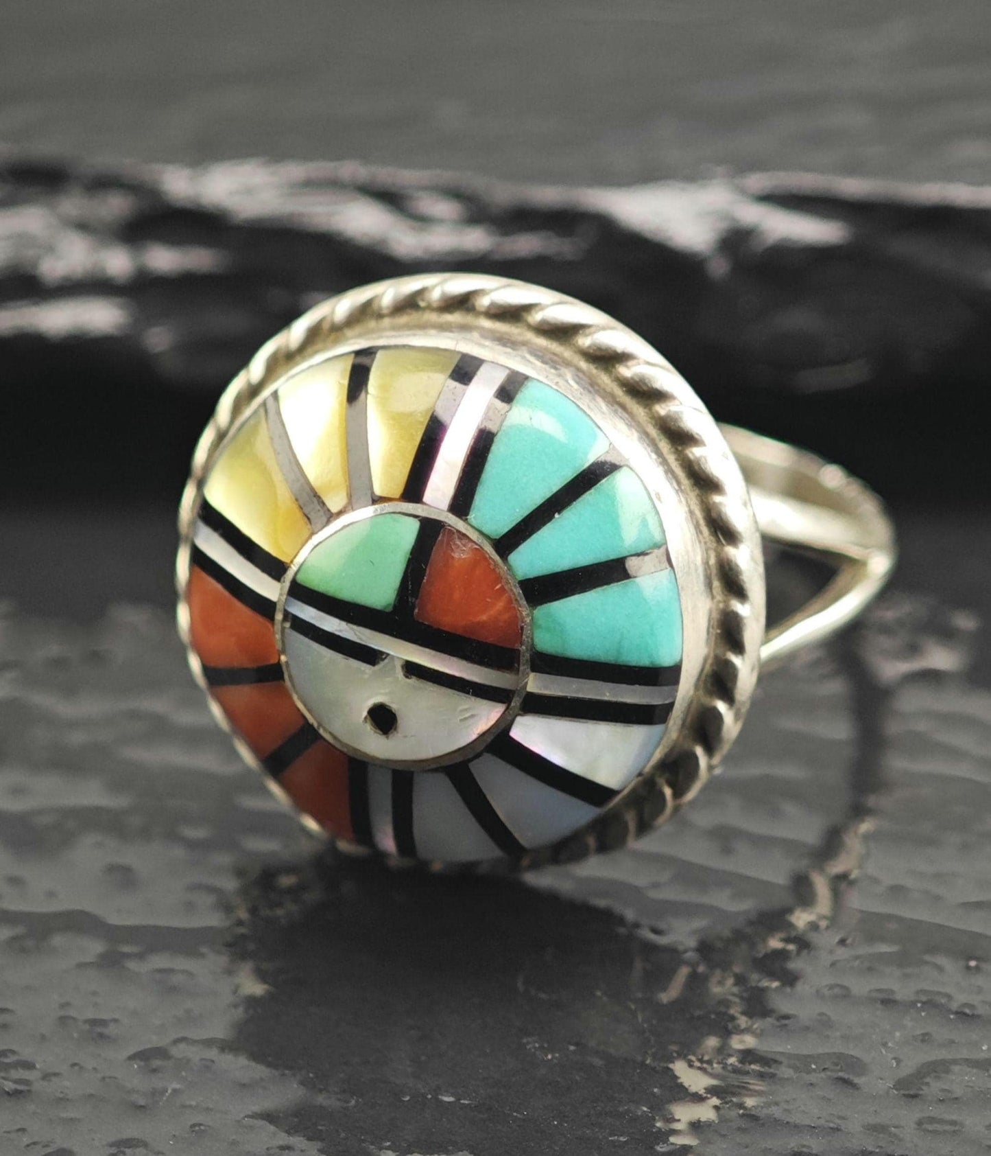 Zuni Inlay Sunface Sterling Silver Ring by Angela Lahty Sz 7 R6671