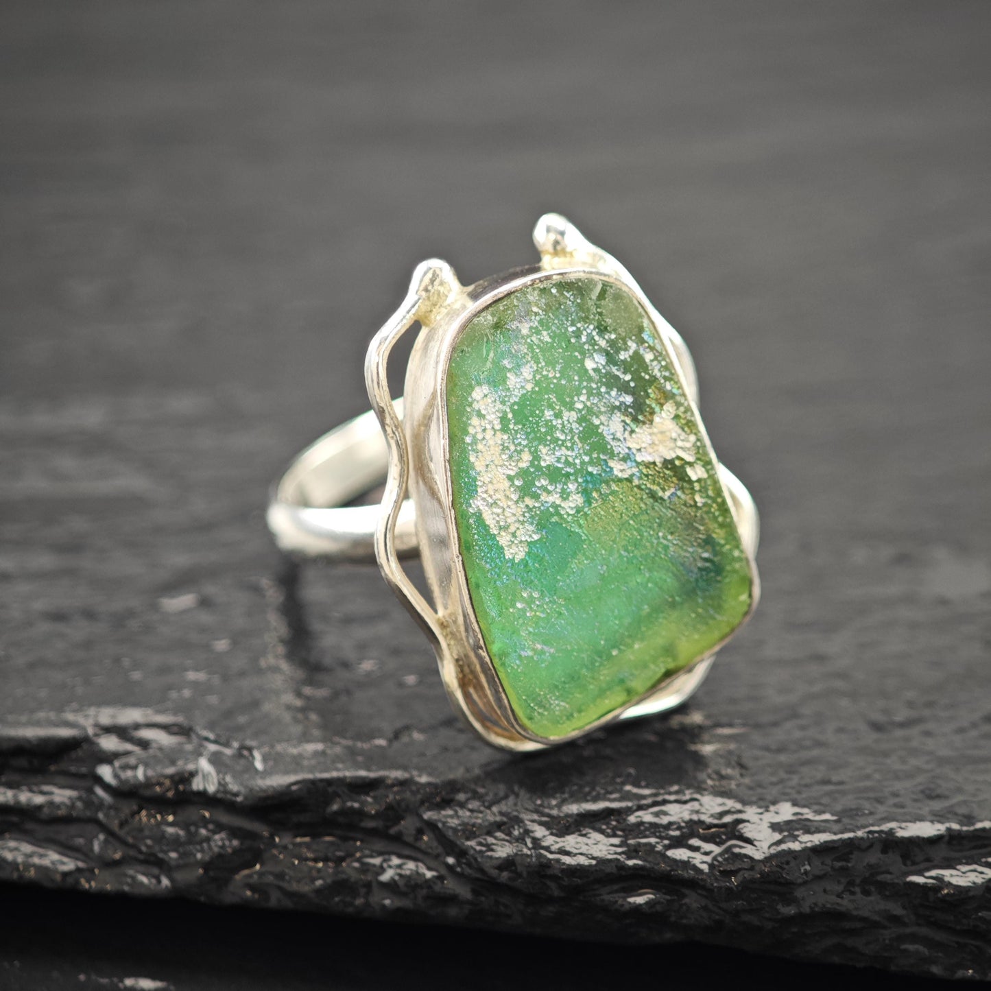 Sterling Silver Ring: Sea Glass Centerpiece - Vintage Style Size 8