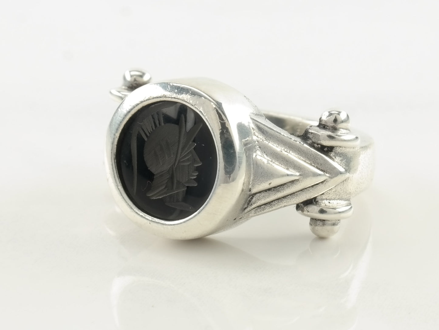 Sterling Silver Ring Onyx Intaglio Roman Soldier Black Size 4 1/4