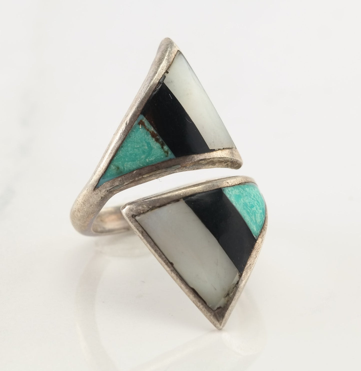 Southwest Silver Ring Turquoise, MOP, Jet Oval Sterling Size 8 3/4