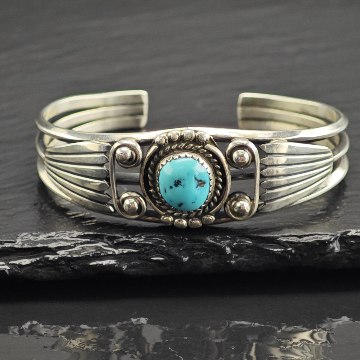 Vintage Navajo, Turquoise Detailed Sterling Silver Cuff Sz 6" BR3132