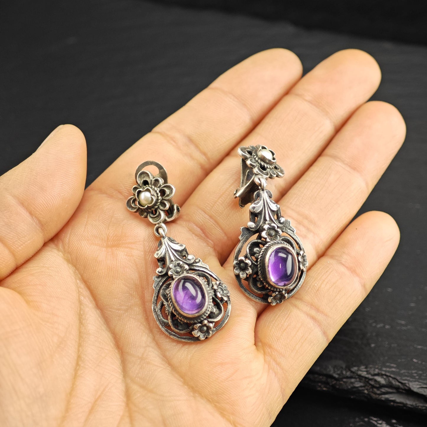 European Art Nouveau Cabochon Amethyst, Pearl Clip On Sterling Silver Earrings ER3197