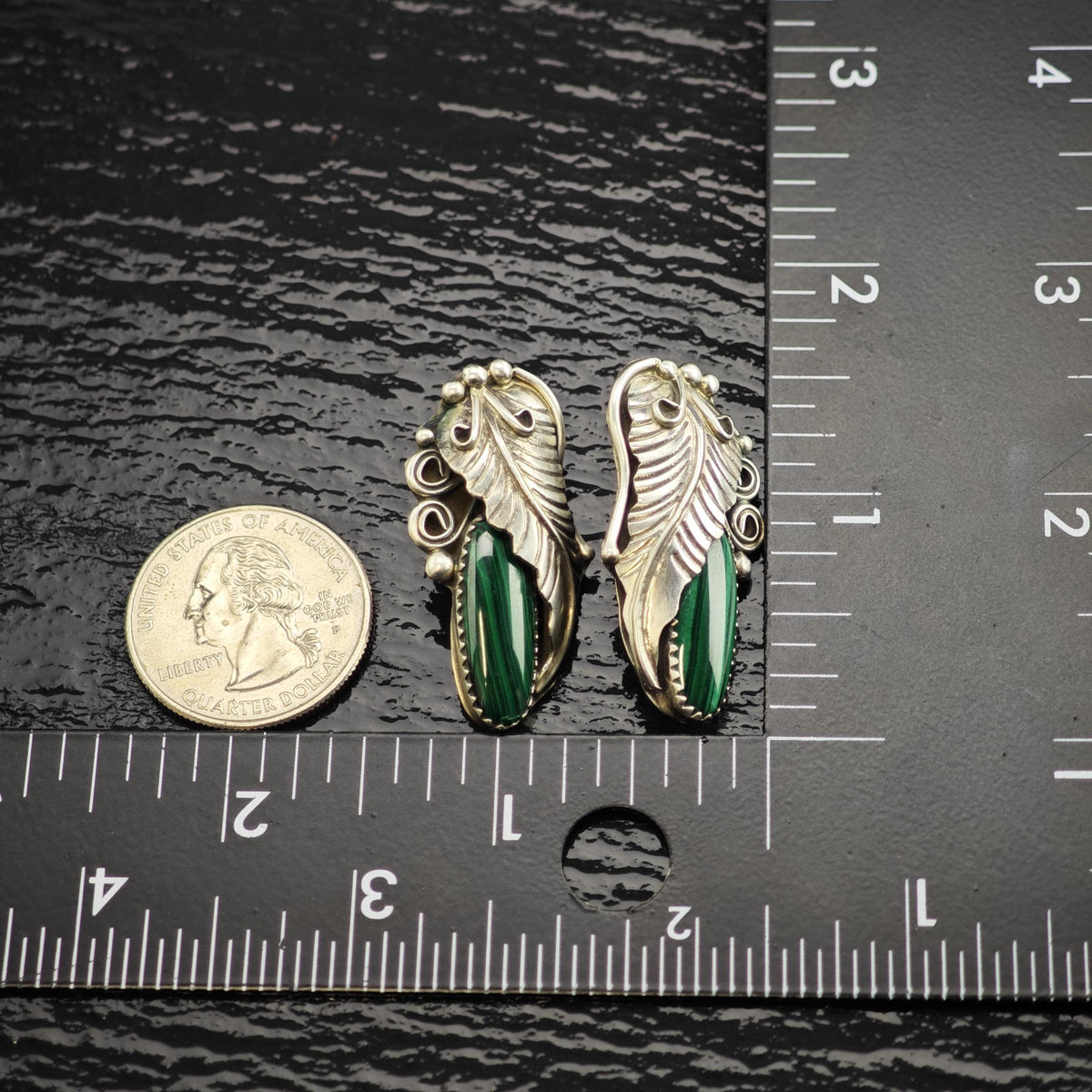 Native American Malachite Feather Detail Sterling Silver Stud Earrings ER3206