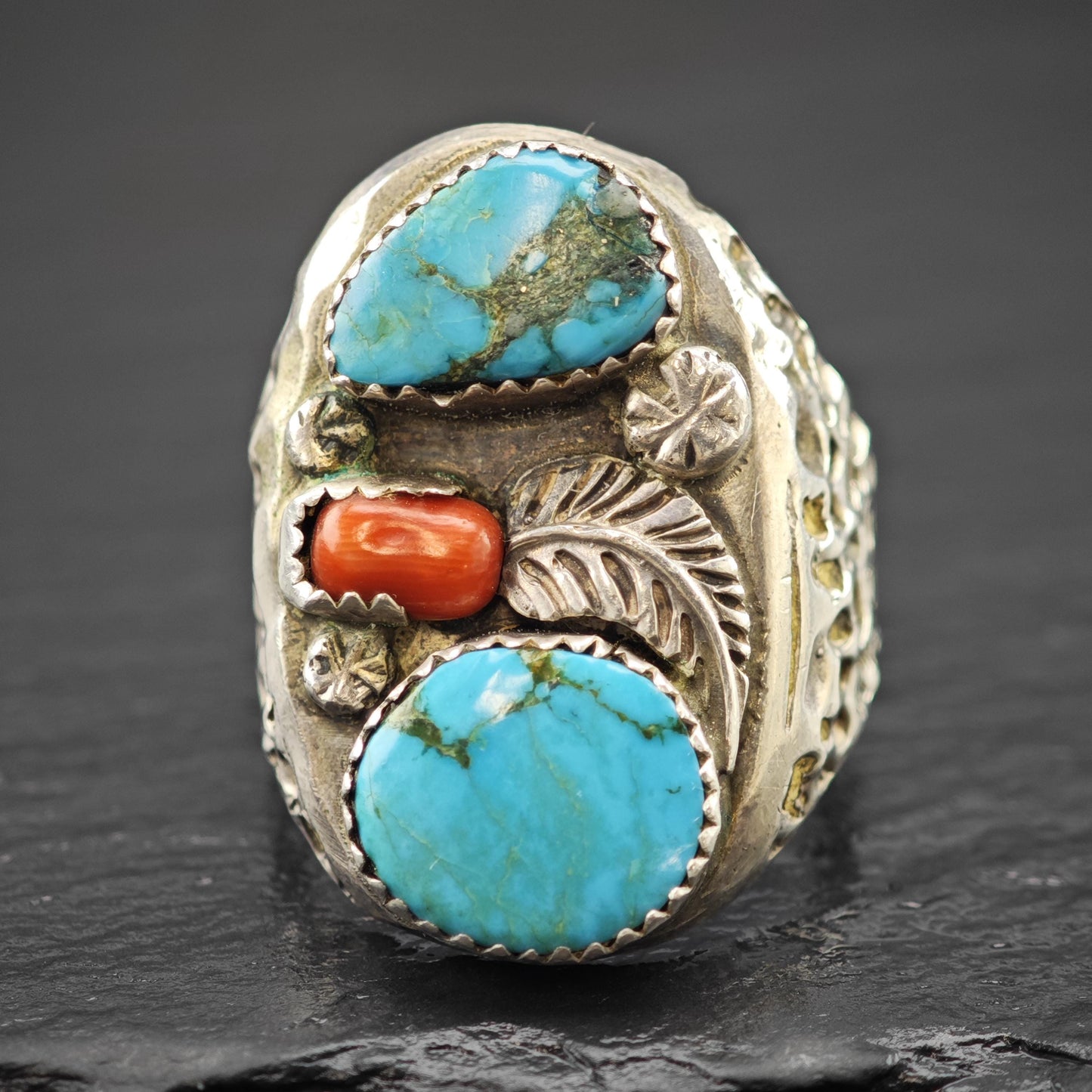 Native American Turquoise, Coral Floral Ring Sterling Silver Sz 13 1/4