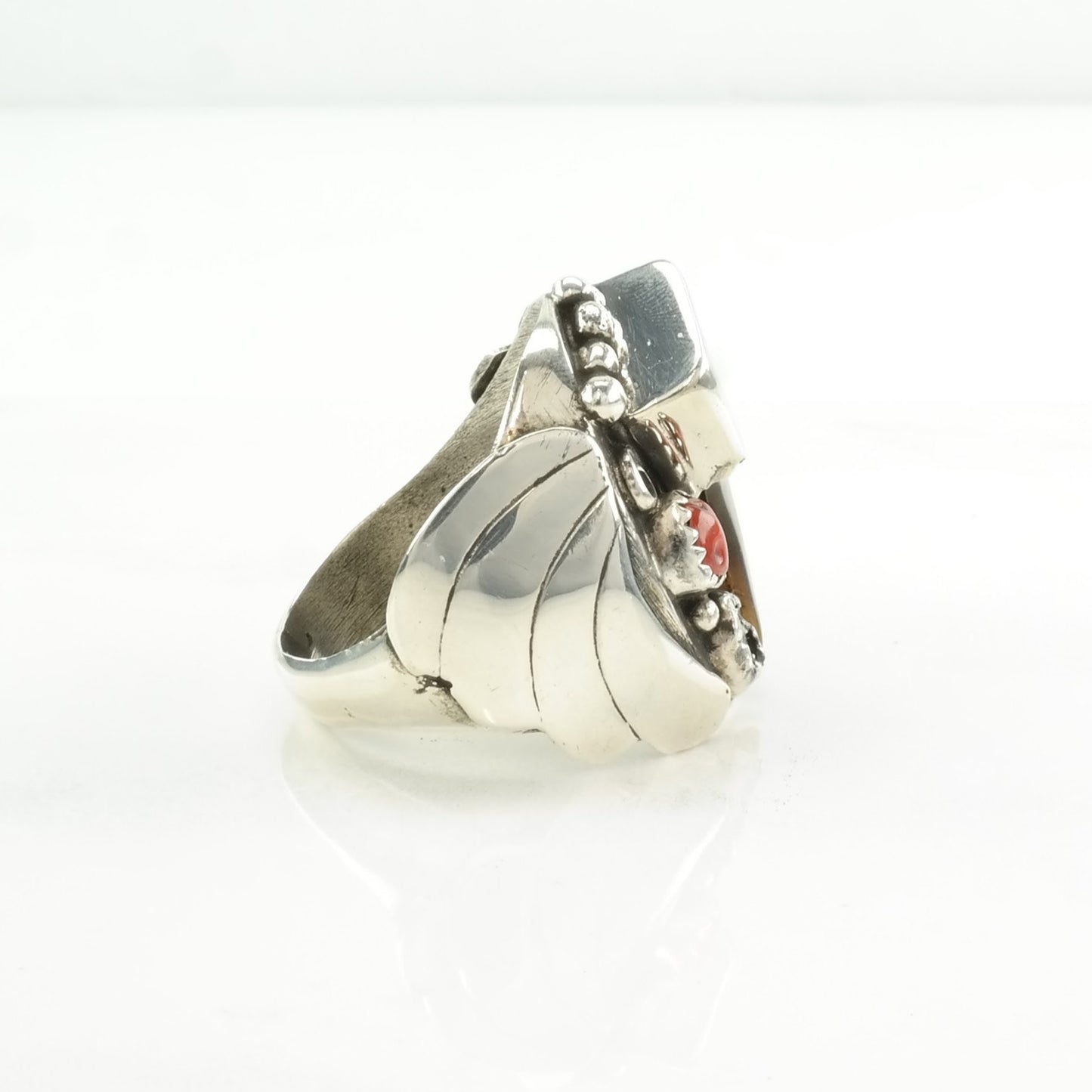 Native American Silver Ring Turquoise, Coral, Coyote Claw Leaf Sterling Blue, Red Size 11 1/2