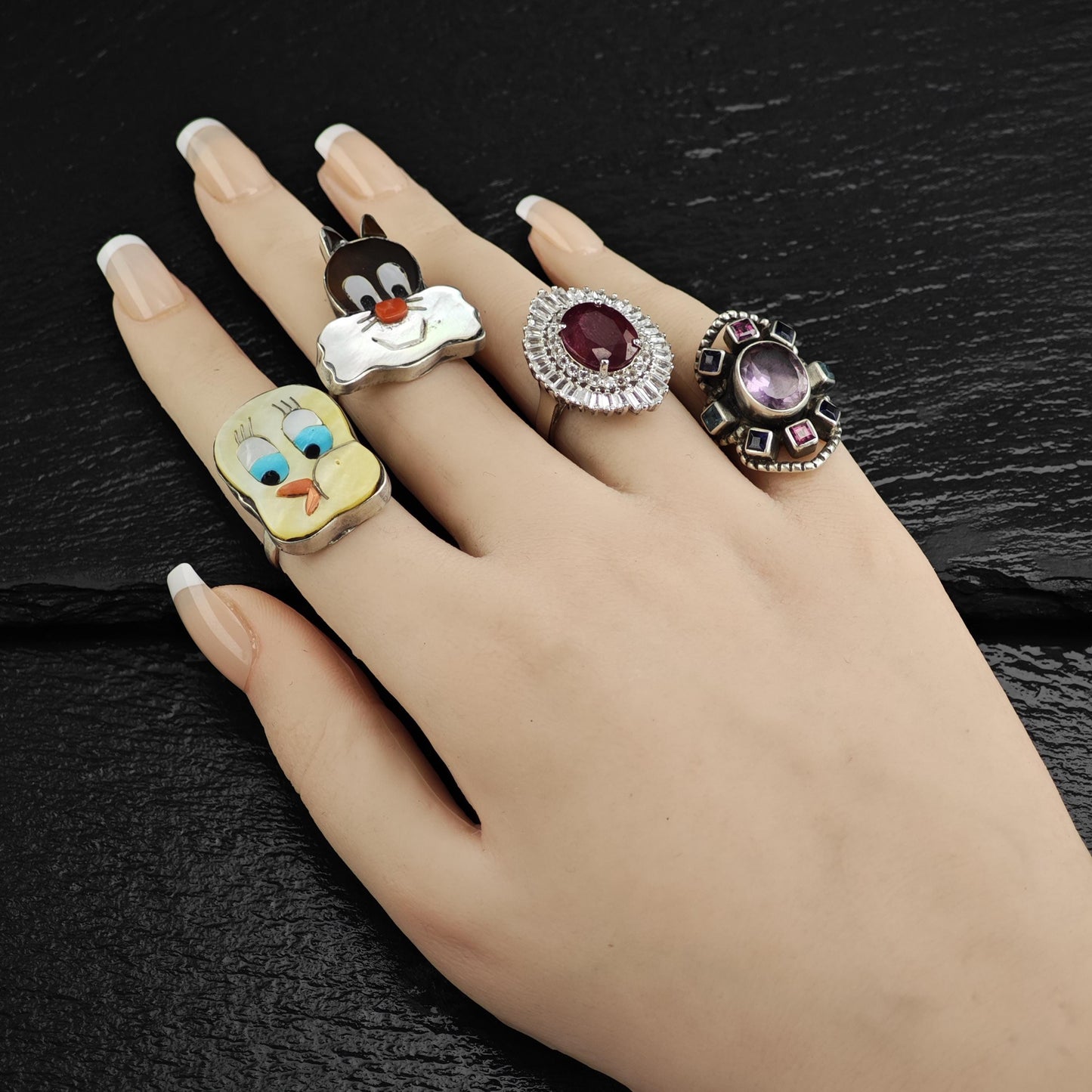 Cartoon Bird Inlay Sterling Silver Ring Sz 6 R6556