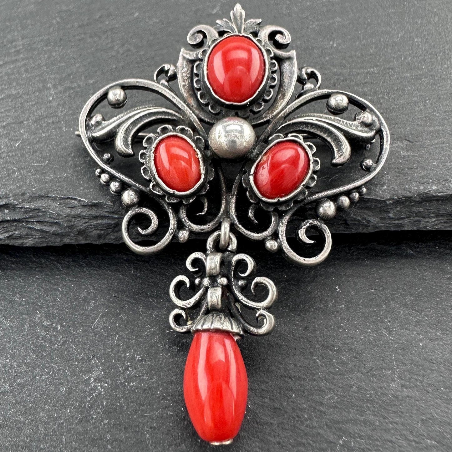 Late Victorian Red Coral Sterling Silver Brooch