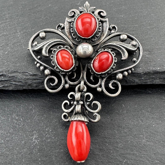 Late Victorian Red Coral Sterling Silver Brooch